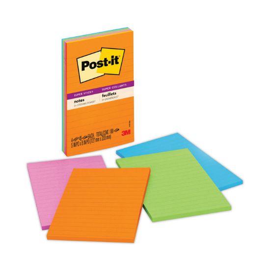 Picture of Post-it® Notes Super Sticky Pads in Rio de Janeiro Colors, Lined, 5 x 8, 45-Sheet, 4/Pack