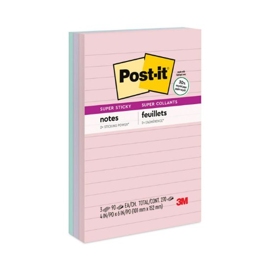 Picture of Post-it® Notes Super Sticky Recycled Notes in Bali Colors, Lined, 4 x 6, 90-Sheet, 3/Pack