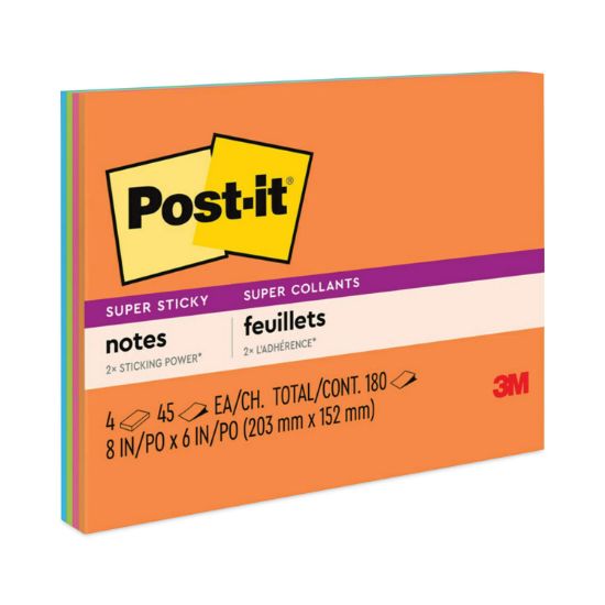 Picture of Post-it® Notes Super Sticky Super Sticky Meeting Notes in Rio de Janeiro Colors, 8 x 6, 45-Sheet, 4/Pack