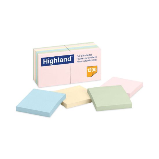 Picture of Highland™ Self-Stick Notes, 3 x 3, Assorted Pastel, 100-Sheet, 12/Pack
