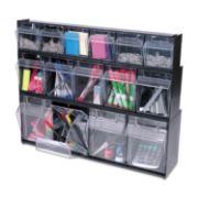 Picture of deflecto® Tilt Bin Plastic Storage System w/4 Bins, 23 5/8 x 6 5/8 x 8 1/8, Black