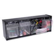 Picture of deflecto® Tilt Bin Plastic Storage System w/4 Bins, 23 5/8 x 6 5/8 x 8 1/8, Black