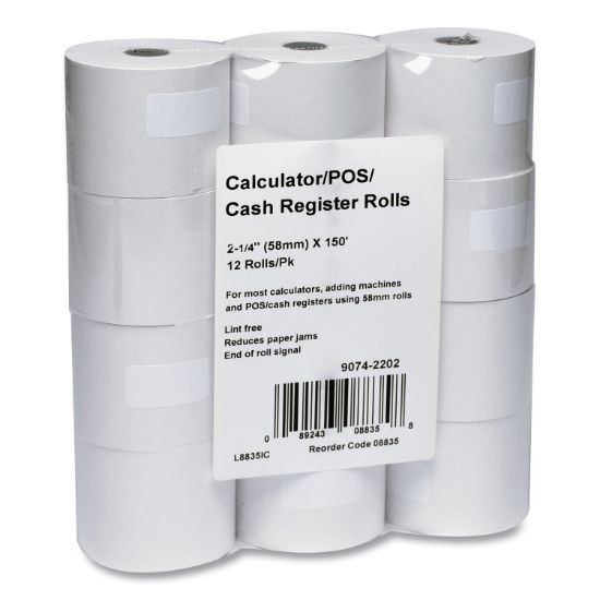 Picture of PM Company® Paper Rolls, One Ply Cash Register/Add Roll, 2 1/4" x 150 ft, White, 12/Pack