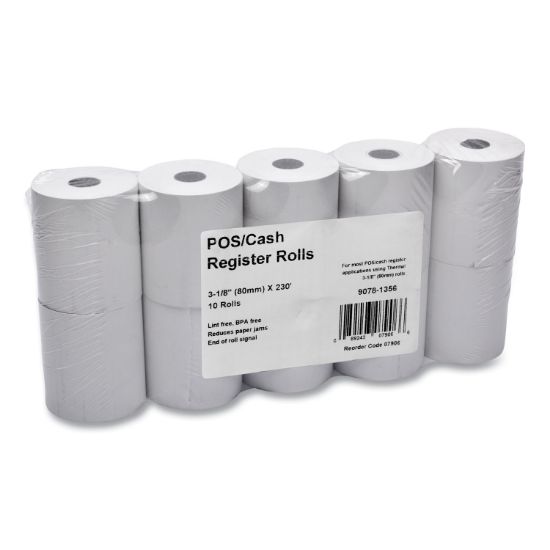 Picture of PM Company® Single Ply Thermal Cash Register/POS Rolls, 3 1/8" x 230 ft., White, 10/Pk