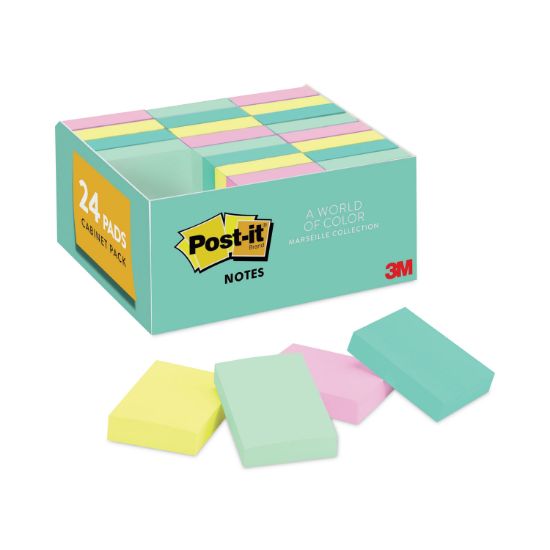 Picture of Post-it® Notes Original Pads in Marseille Colors, Value Pack, 1 1/2 x 2, 100-Sheet, 24/Pack