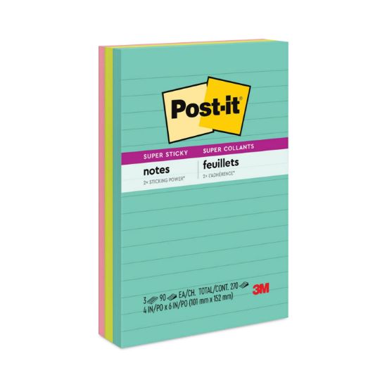 Picture of Post-it® Notes Super Sticky Pads in Miami Colors, 4 x 6, 90/Pad, 3 Pads/Pack