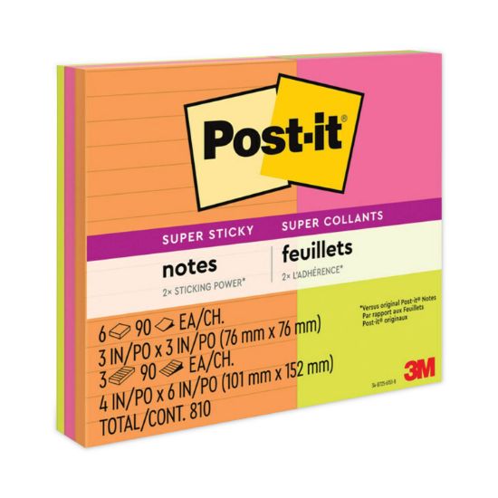 Picture of Post-it® Notes Super Sticky Pads in Rio de Janeiro Colors, (6) 3 x 3 & (3) 4 x 6, 90-Sheet Pads, 9 Pads/PK