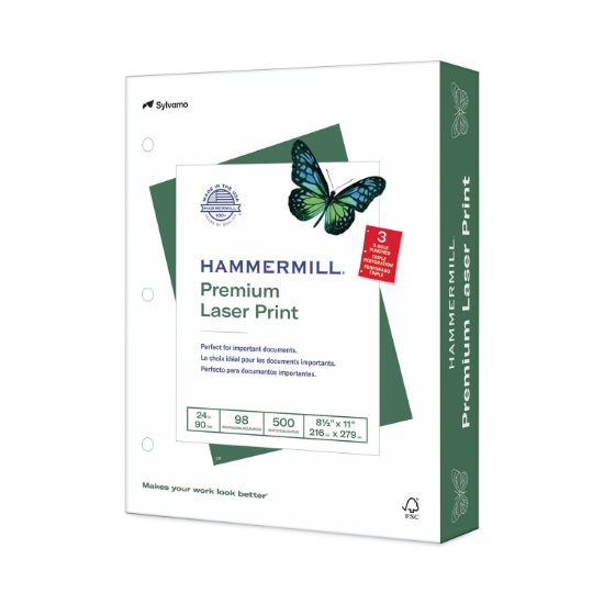 Picture of Hammermill® Laser Print Office Paper, 3-Hole Punch, 98 Brightness, 24lb, Ltr, White, 500/Rm