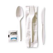Picture of Boardwalk® Cutlery Kit, Plastic Fork/Spoon/Knife/Salt/Pepper/Napkin, White, 250/Carton