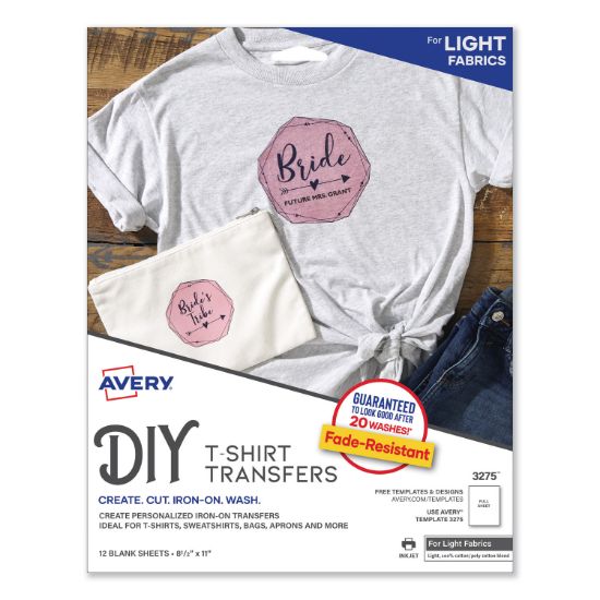 Picture of Avery® Light Fabric Transfers for Inkjet Printers, 8 1/2 x 11, White, 12/Pack