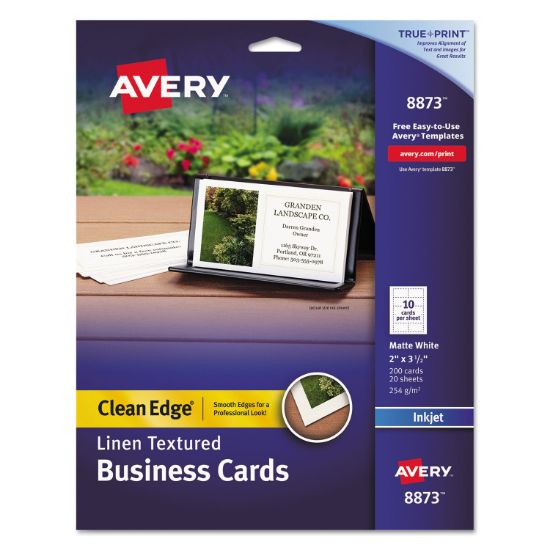 Picture of Avery® Linen Texture True Print Business Cards, Inkjet, 2 x 3 1/2, Linen White, 200/Pk