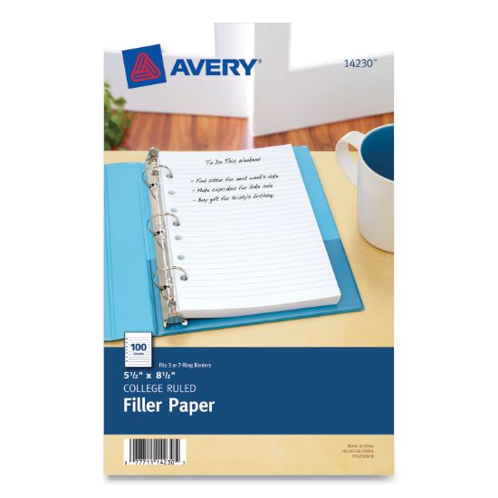 Picture of Avery® Mini Binder Filler Paper, 5-1/2 x 8 1/2, 7-Hole Punch, College Rule, 100/Pack