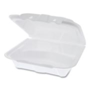 Picture of Pactiv Foam Hinged Lid Containers, White, 8.4375 x 8 1/8 x 3, 3-Compartment, 150/Crtn