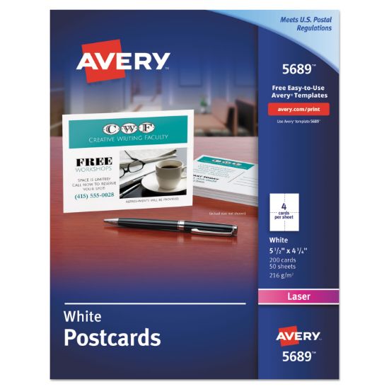 Picture of Avery® Postcards for Laser Printers, 4 1/4 x 5 1/2, Uncoated White, 4/Sheet, 200/Box
