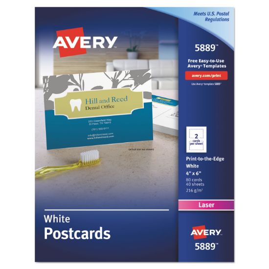 Picture of Avery® Postcards, Color Laser Printing, 4 x 6, Uncoated White, 2 Cards/Sheet, 80/Box