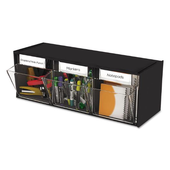 Picture of deflecto® Tilt Bin Plastic Storage System, 3 Bins, 23 5/8 x 7 3/4 x 9 1/2, Black
