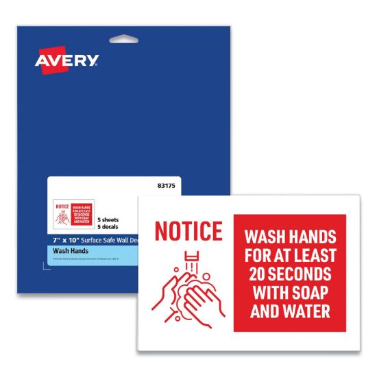 Picture of Avery® Preprinted Surface Safe Wall Decals, 10 x 7, Wash Hands for at Least 20 Seconds, White/Red Face, Red Graphics, 5/Pack
