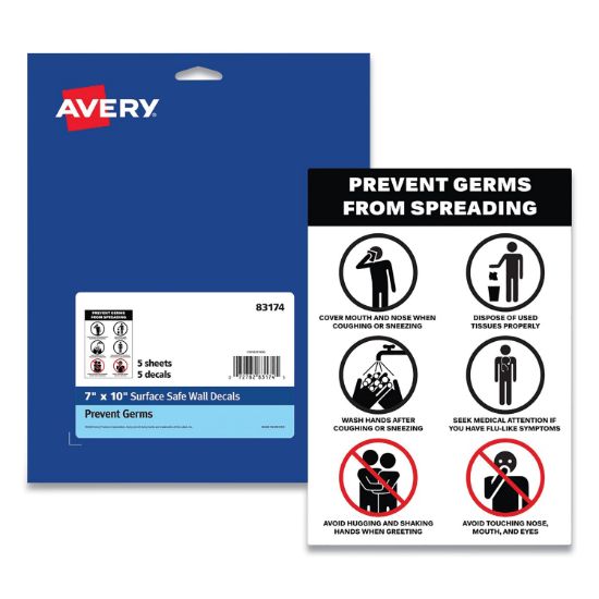 Picture of Avery® Preprinted Surface Safe Wall Decals, 7 x 10, Prevent Germs from Spreading, White/Black Face, Black Graphics, 5/Pack
