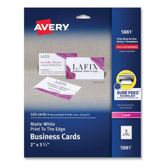 Picture of Avery® Print-to-the-Edge Microperf Business Cards, Color Laser, 2 x 3 1/2, Wht, 160/Pk