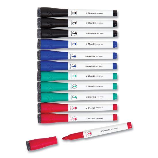 Picture of U Brands Medium Point Low-Odor Dry-Erase Markers with Erasers, Assorted Colors, 12/Pack