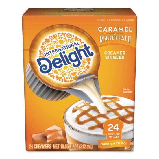 Picture of International Delight® Flavored Liquid Non-Dairy Coffee Creamer, Caramel Macchiato, Mini Cups, 24/Box