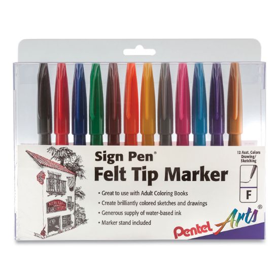 Picture of Pentel Arts® Sign Pen Fine Point Color Marker, Bullet Tip, .7mm, Assorted, 12/Set
