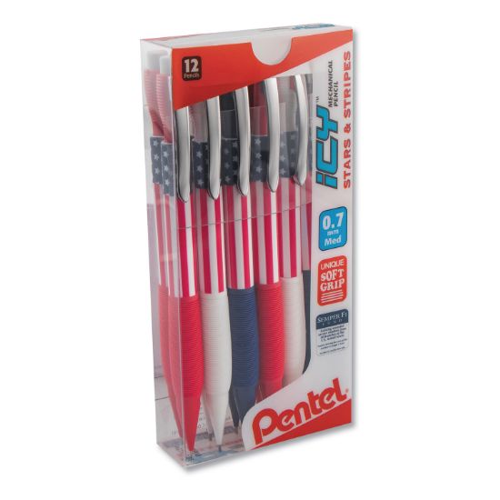 Picture of Pentel® Icy Mechanical Pencil, 0.7 mm, HB (#2.5), Black Lead, Blue/Red/White Barrel, Dozen