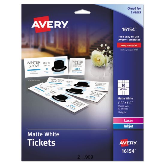 Picture of Avery® Printable Tickets w/Tear-Away Stubs, 8 1/2 x 11, White, 10/Sheet, 20Sheets/Pack