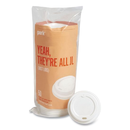 Picture of Perk™ Plastic Hot Cup Lids, Fits 8 oz Cups, White, 50/Pack