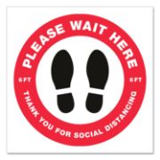 Picture of Avery® Social Distancing Floor Decals, 10.5" dia, Please Wait Here, Red/White Face, Black Graphics, 5/Pack