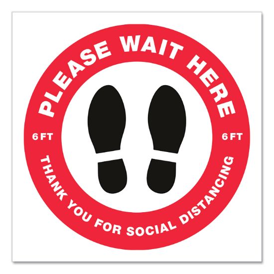 Picture of Avery® Social Distancing Floor Decals, 10.5" dia, Please Wait Here, Red/White Face, Black Graphics, 5/Pack