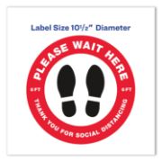 Picture of Avery® Social Distancing Floor Decals, 10.5" dia, Please Wait Here, Red/White Face, Black Graphics, 5/Pack