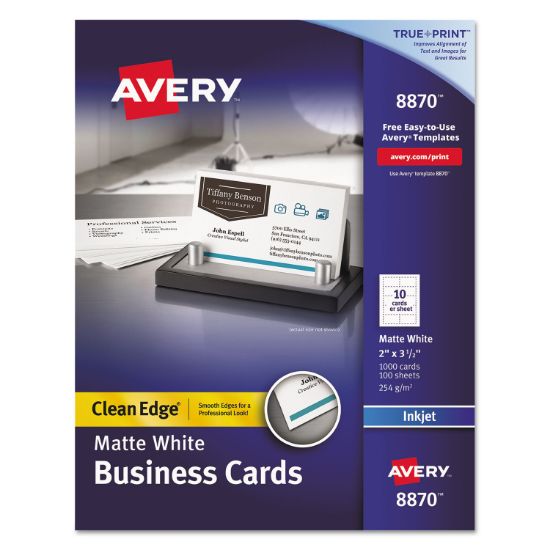 Picture of Avery® True Print Clean Edge Business Cards, Inkjet, 2 x 3 1/2, White, 1000/Box