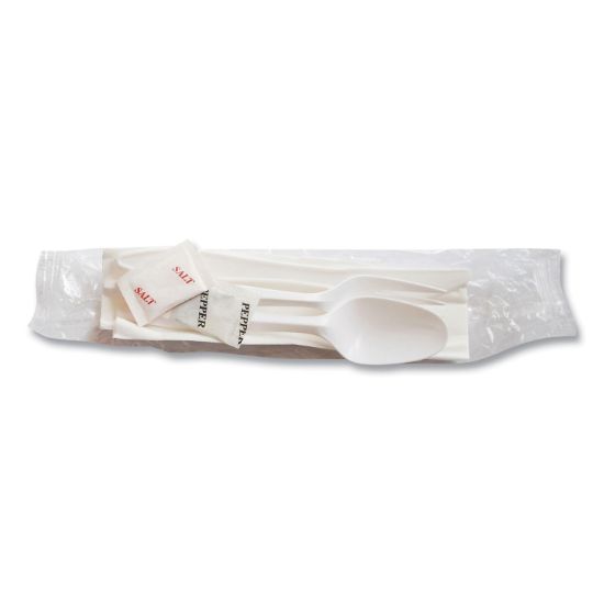 Picture of Berkley Square Mediumweight Cutlery Kit, Plastic Fork/Spoon/Knife/Salt/Pep/Napkin, White, 250/Carton