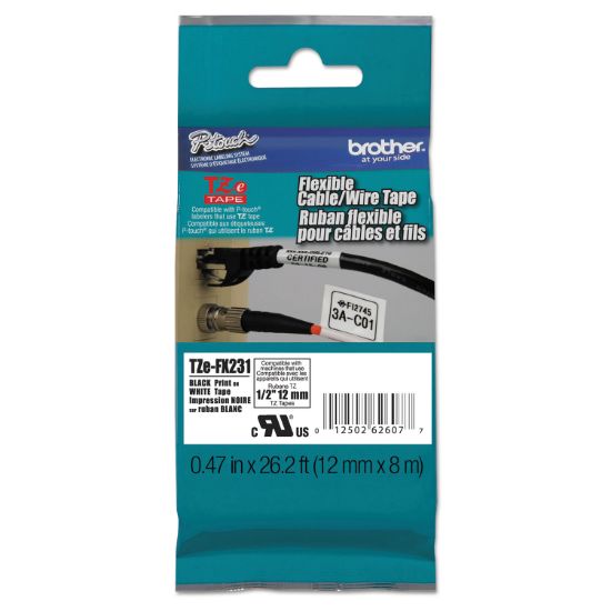 Picture of TZE FLEXIBLE TAPE CARTRIDGE FOR P-TOUCH LABELERS, 0.47" X 26.2 FT, BLACK ON WHIT