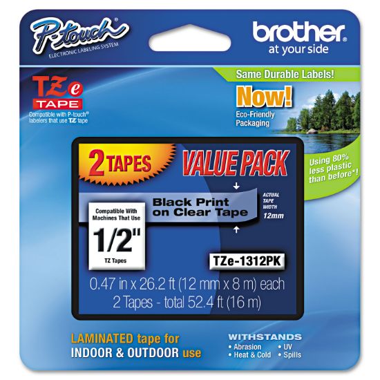 Picture of Brother P-Touch® TZe Standard Adhesive Laminated Labeling Tapes, 1/2"w, Black on Clear, 2/Pack