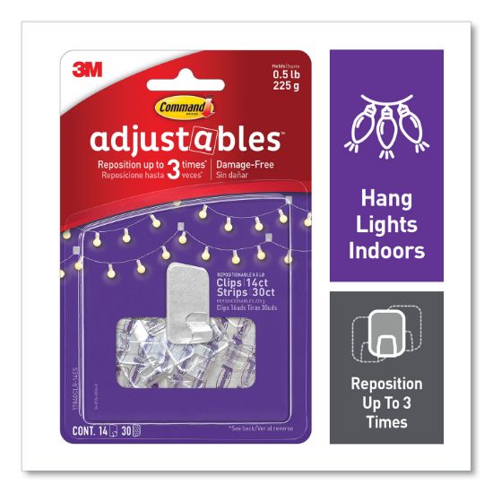 Picture of Command™ Adjustables Repositionable Mini Clips, Plastic, White, 0.5 lb Capacity, 14 Clips and 12 Strips