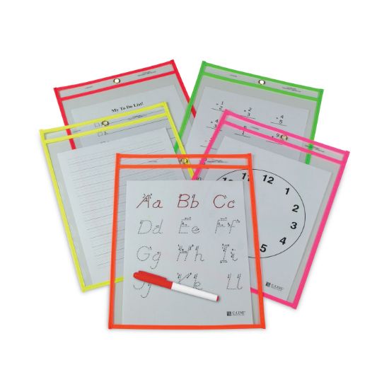 Picture of C-Line® Reusable Dry Erase Pockets, 9 x 12, Assorted Neon Colors, 25/Box