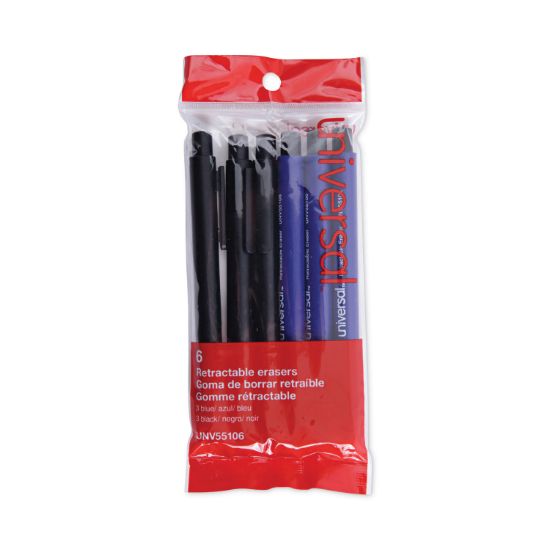 Picture of Universal® Pen-Style Retractable Eraser, Blue;Black, 6/Pack