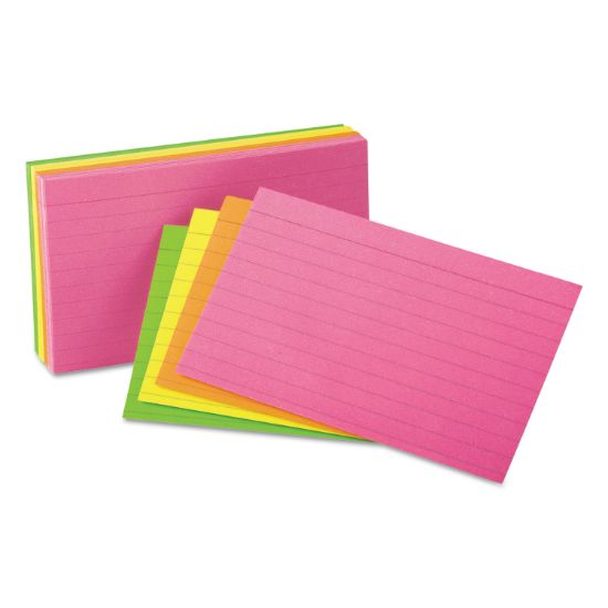 Picture of Universal® Ruled Neon Glow Index Cards, 5 x 8, Assorted, 100/Pack