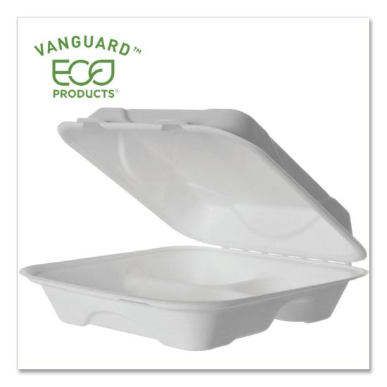 Picture of VANGUARD RENEWABLE AND COMPOSTABLE SUGARCANE CLAMSHELLS, 3-COMPARTMENT, 9 X 9 X