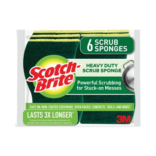 Picture of Scotch-Brite® Heavy-Duty Scrub Sponge, 4 1/2" x 2 7/10" x 3/5", Green/Yellow, 6/Pack