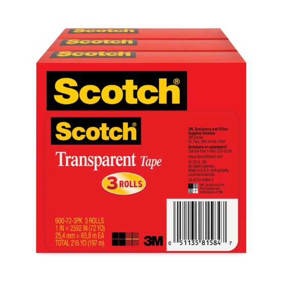 Picture of Scotch® Transparent Tape 600 72 3PK, 1" x 2592", 3" Core, Transparent, 3/Pack
