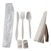Picture of Berkley Square Mediumweight Cutlery Kit, Plastic Fork/Spoon/Knife/Salt/Pep/Napkin, White, 250/Carton